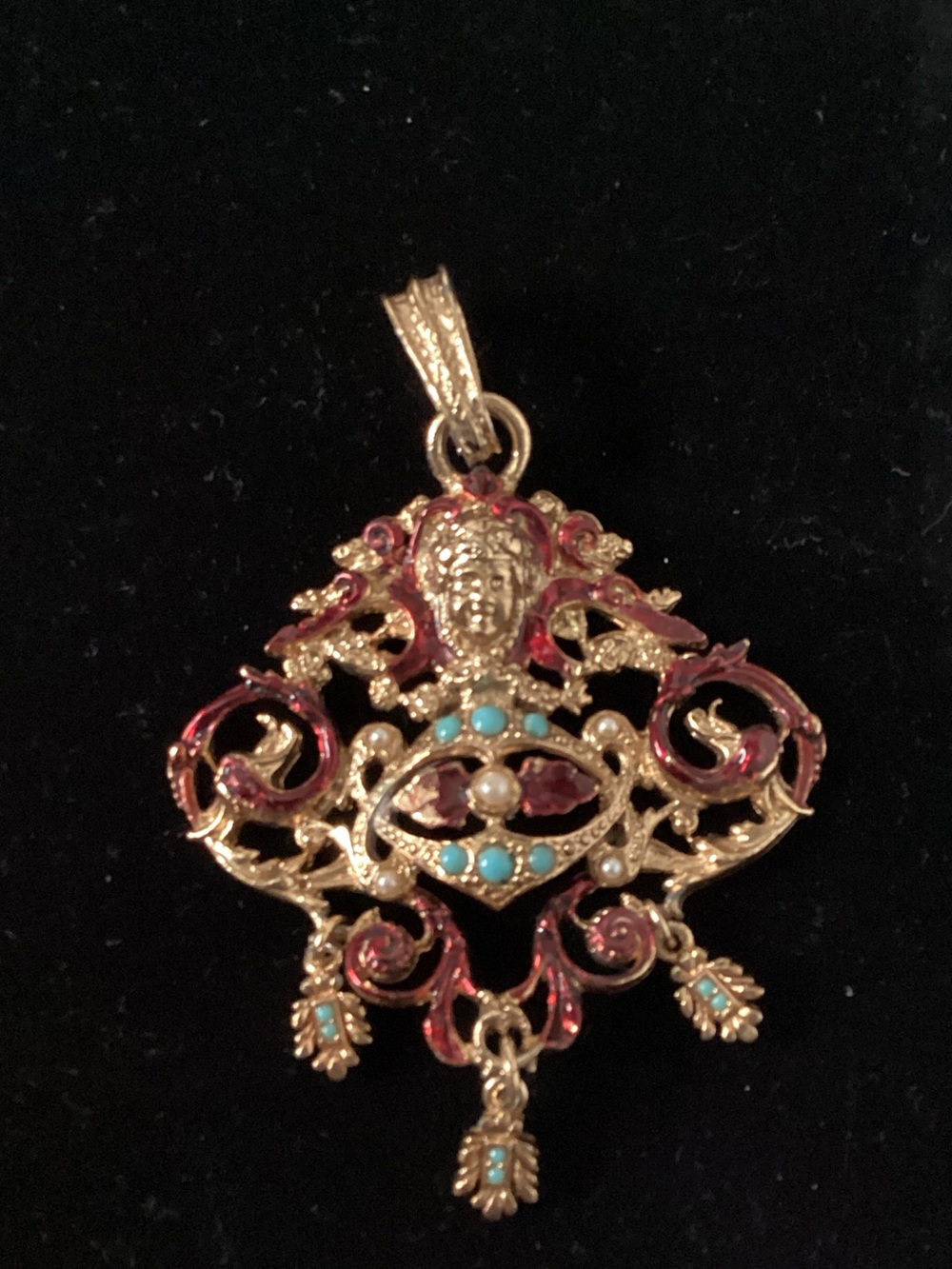 Gold-Tone Decorative Pendant Necklace with Red Enamel & Turquoise Accents